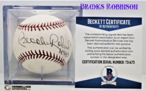Vermillion enterprises buys brooks robinson beckett authenticated autograph baseball