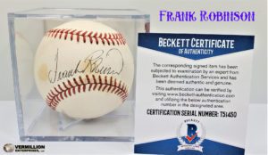 Vermillion enterprises buys frank robinson beckett authenticated autograph baseball