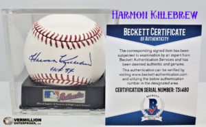 Vermillion enterprises buys harmon killebrew beckett authenticated autograph baseball