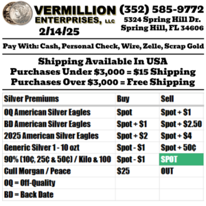 Florida Coin Shop Silver Premiums for 2/14/25